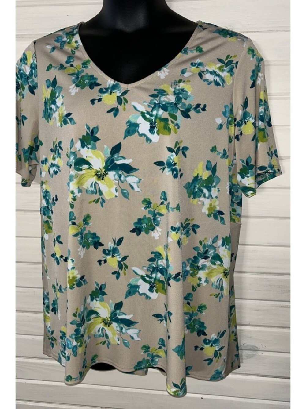 Susan Graver Sz PLUS 1X Green Yellow Khaki Floral Liquid Knit Tunic EUC